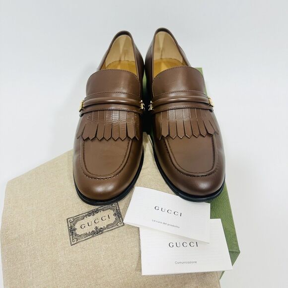 NIB Gucci Mirrored G Size 8.5 US 9 Fringed Loafer Brown Italian Leather Shoe main image 10